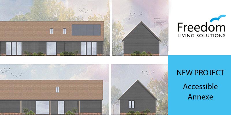 Artists impression of a new build accessible annexe. A single storey anexe with wood cladding and solar panels.