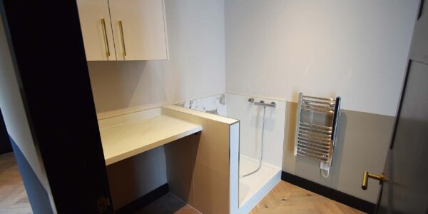 Modern dog care washroom with bespoke shower and heated towel rail.