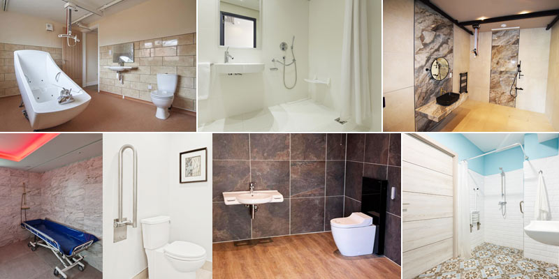 Photo collage of modern accessible and adapted bathrooms and wetrooms