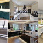 Image of wheelchair user using a roll under kitchen worktop and a collage of modern accessible kitchens built by Freedom Living Solutions, Kent