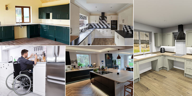 Image of wheelchair user using a roll under kitchen worktop and a collage of modern accessible kitchens built by Freedom Living Solutions, Kent